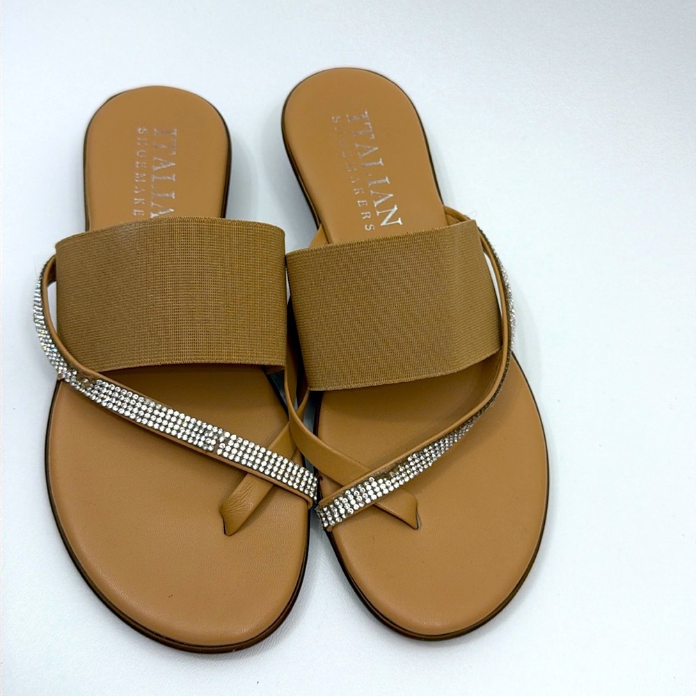 Italian Shoemakers Sianni Wedge Flip-Flops Stretch Nude Rhinestones Size 6